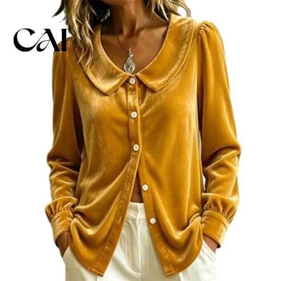 Lapel Collar Top Fall Winter Women Velvet Shirt, Regular Fit Button Down Long Sleeve Shirts Top, Soft Solid Color Blouse for Lady