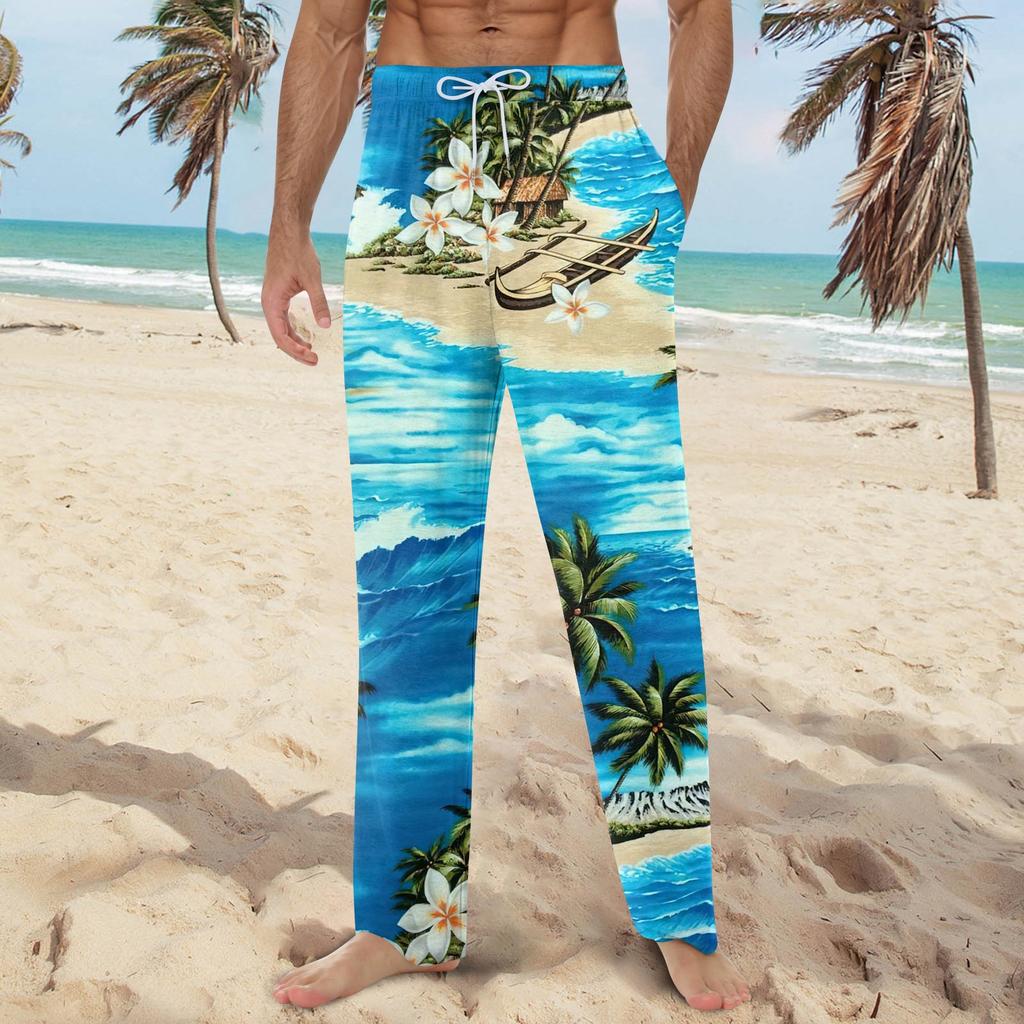 Мужские мягкие домашние пижамные штаны с гавайским принтом, повседневные спортивные штаны с завязками