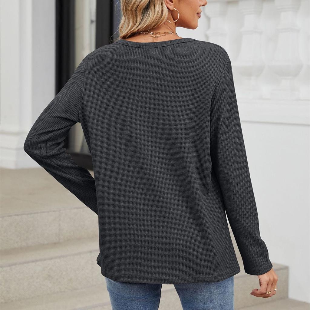 HNXC Женские модные повседневные осенне-зимние однотонные блузки и рубашки с длинным рукавом и v-образным вырезом с принтом