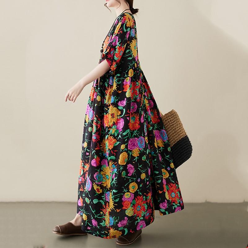 Новое хлопковое платье больших размеров с коротким рукавом и цветочным принтом для женщин, повседневное свободное длинное летнее платье