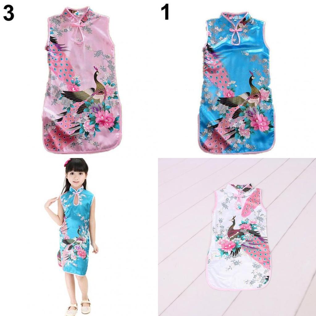 Elegant Children Girls Chinese Cheongsam Dress With Floral Peacock Pattern Sleeveless Summer Wear