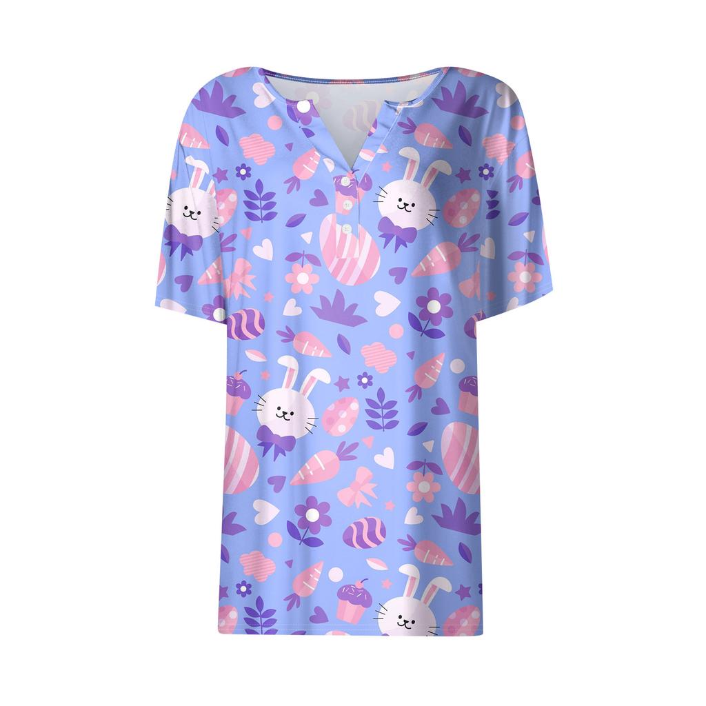 Women's Casual Print V-Neck Short Sleeve Decorative Button T-Shirt Top