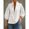 Women S V Neck Lantern Sleeve Loose Fit Solid Color Casual Shirt