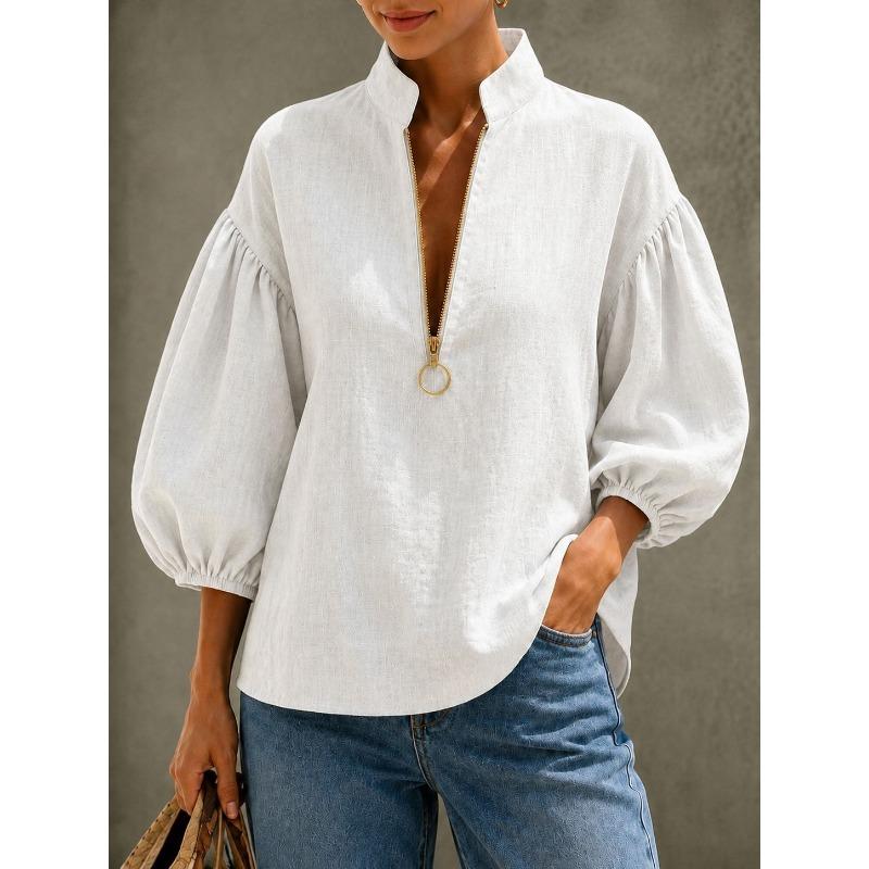 Women S V Neck Lantern Sleeve Loose Fit Solid Color Casual Shirt