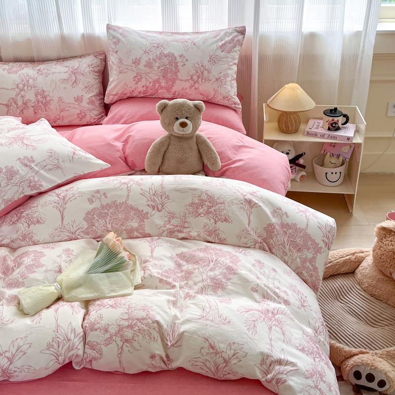 Solid INS Style Bedding Set For Adults Kids Pink Cotton Fitted Flat Sheet With Pillowcases Colorful King Queen Full Size