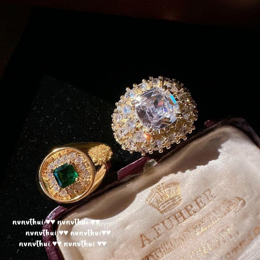 Кольцо Фара с изогнутым камнем, Антикварное, Позолоченное 18K Золотом, Выпуклый Изумруд, Кольцо с Цирконами