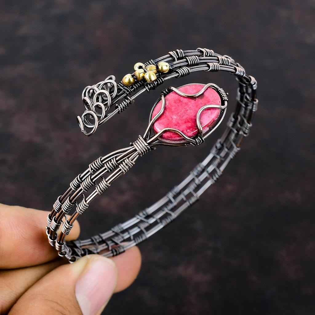 Браслет-манжета из меди тулит, браслет из драгоценных камней, обмотанный медной проволокой, регулируемый браслет для подарка, ювелирные изделия ручной работы, обмотанный проволокой, браслет-манжета