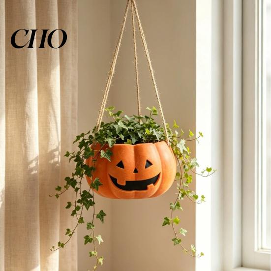 Decorative Plant Container for Bookshelf Pumpkin Shaped Hanging Pot, 4.3 Inch Lightweight Resin Flower Adjustable Modern Holder Rope Mini Pots Indoor
