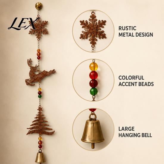 Christmas Tree Hanging Ornaments Rustic Metal Elk Wind Chime, Xmas Ornament with Reindeer Chimes Snowflake Patterns, Vintage Farmhouse Holiday