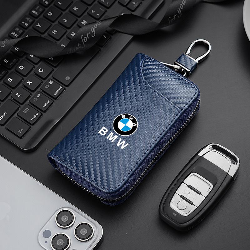 BBJV7 Carbon Fiber Leather Wallet Car Remote Key Storage Zippers Bag For Bmw 50th Anniversary M E36 F20 E46 E90 E87 E34 X3 X5 X6 M2 M3