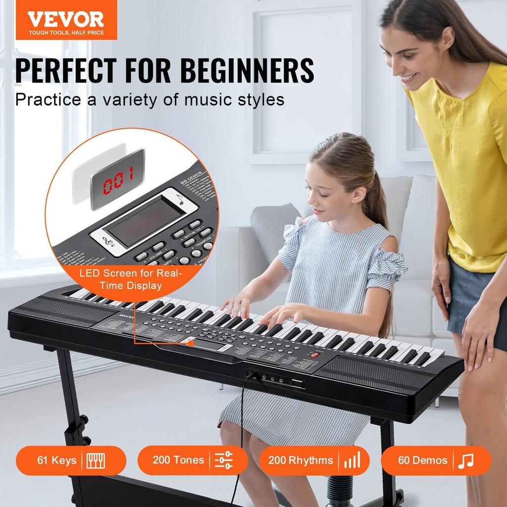 61 Key Digital Keyboard Piano Electric Portable 200 Tones 200 Rhythms