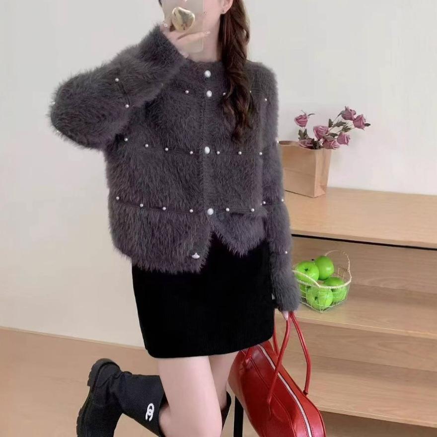 French Small Fragrant Temperament Bead-encrusted Diamond Sweater Cardigan Autumn and Winter Soft Waxy Gentle Round Neck Knitted Jacket Women
