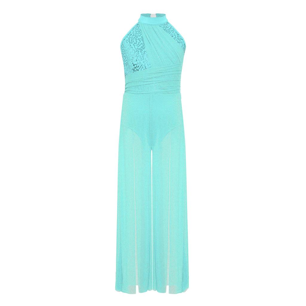 Женский комбинезон без рукавов с воротником-стойкой, перекрещивающимися бретелями на спине, блестящими пайетками, сетчатыми вставками и широкими штанинами, для лирического танца