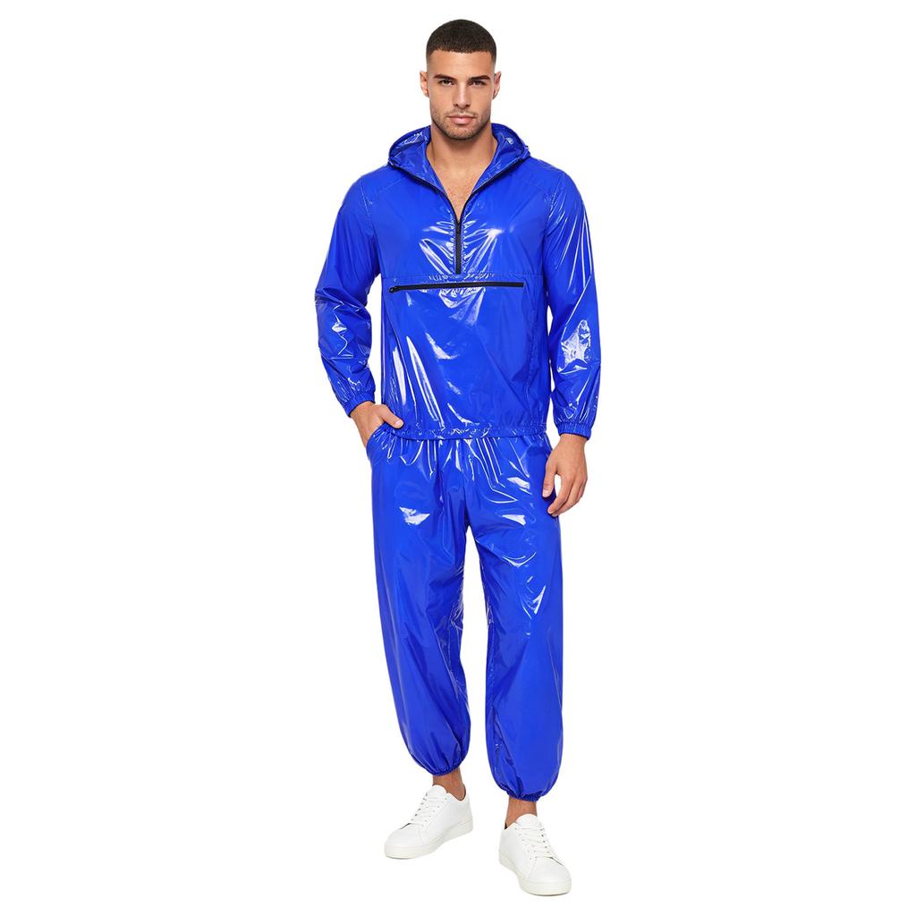 Mens Waterproof Tracksuit Hooded Windbreaker Front Zipper Pocket Jogging Pants Elastic Waist Rainwear Suit