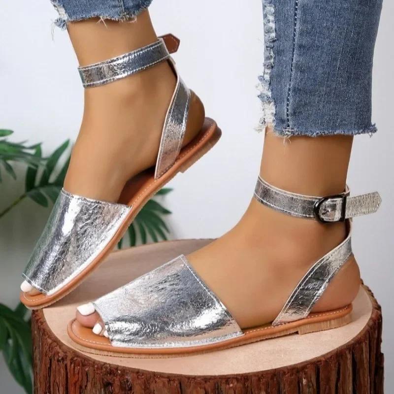 Женские сандалии 2024 лето новые плоские с открытым носком, перфорированные, с пряжкой, шлепанцы, повседневные, удобные, легкие, нескользящие сандалии