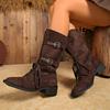 Vintage Pointed Toe Paneled Cow Suede Lace-Up Metal Buckle Zipper Soft Sole Non-Slip Block Heel Boots Mid-Tube Boots