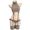 Erotic Sexy Anime Cat Girl Gray Turtleneck Sweater Uniform Outfit Cosplay Women Backless Knit Clothes Garter Stocking Costume