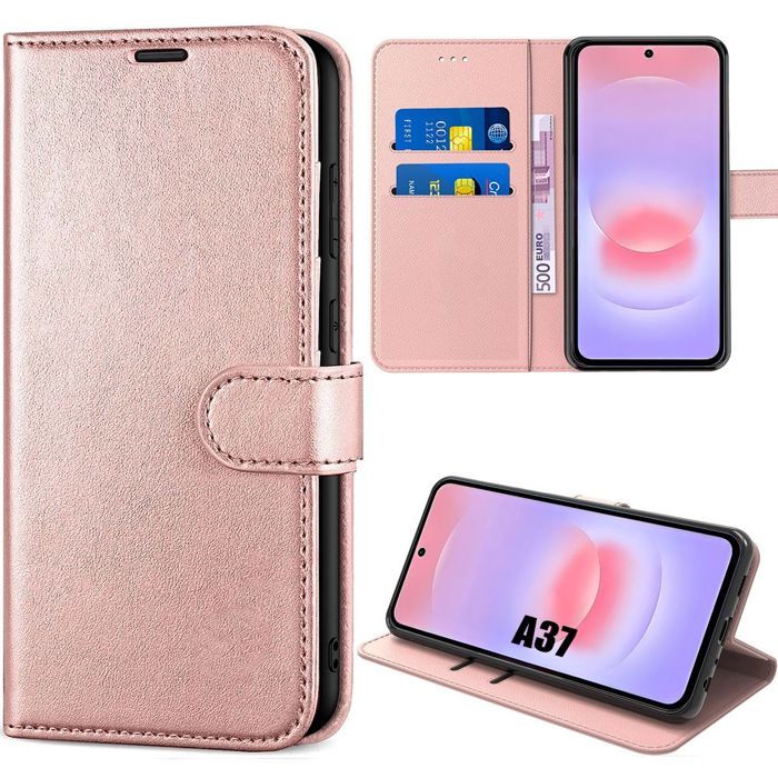 Coque pour Samsung Galaxy A37 5G, Protection Rabat Anti-Rayures Antichoc Synthécuir Rose