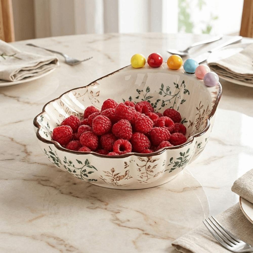 Large Capacity Fruit Bowl with Fork Ceramic Dessert Salad Bowl Luxury Snack Plate Coffee Table