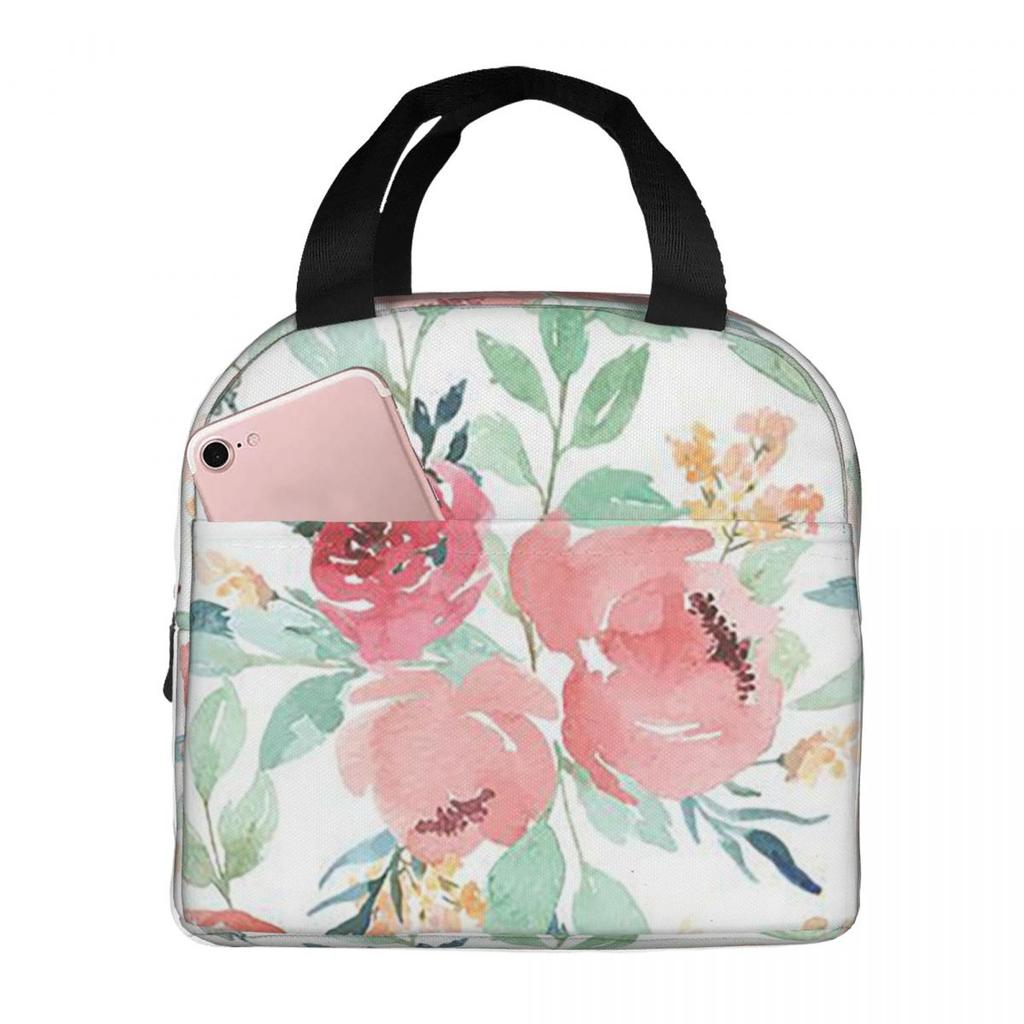 Pink Rose Watercolor Pattern Insulated Lunch Bag for Women Kids Portable Food Boxes Thermal Lunch Box Tote