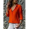 GMXIA Women's Fashion Casual Summer Solid Color Print Long Sleeve V-Neck Blouses & Chiffon Shirts