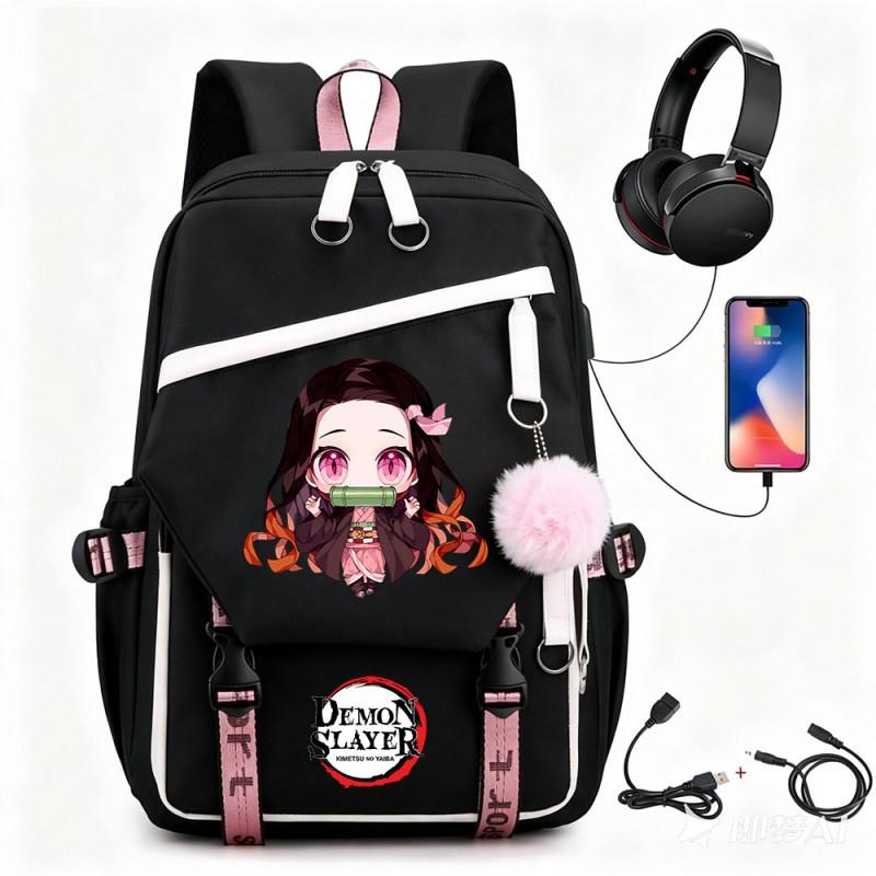 Anime Printed Canvas Backpack With USB Charging Port Teens Students School Travel Unisex