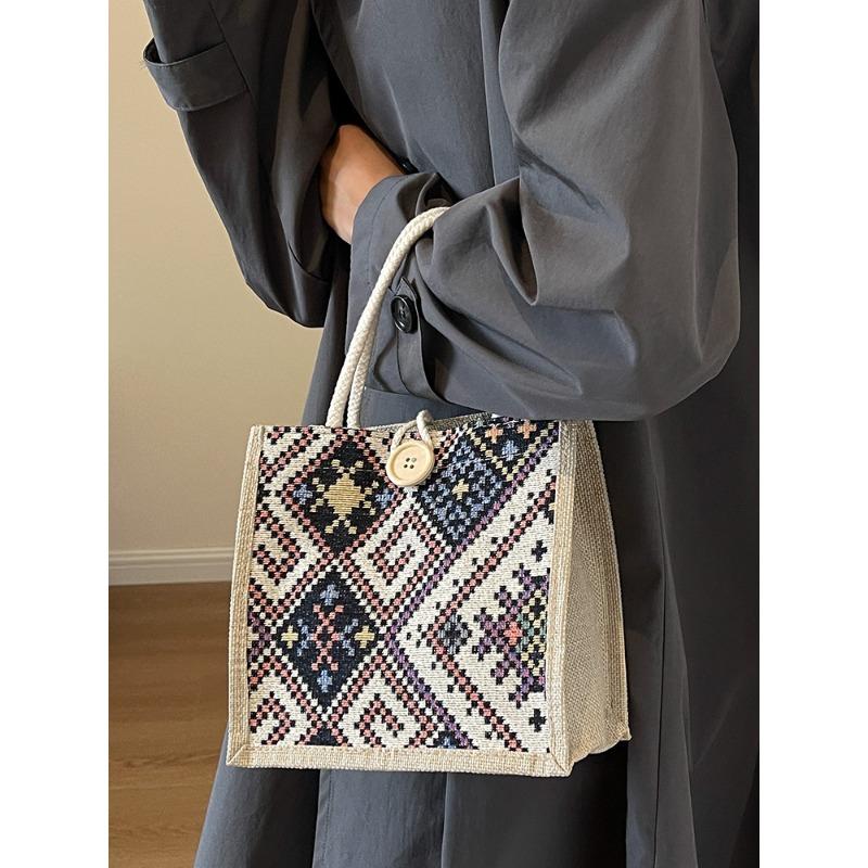 Этническая холщовая сумка для женщин, летний новый модный стиль для выхода в свет с льняной коробкой для ланча, сумка Bento, ручная сумка для мам