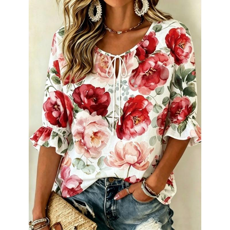 Women's Light Grey Purple Iris Palm Leaf Floral Print Tie V Neck Ruffle 3/4 Sleeve Elegant Soft Spring Blouse