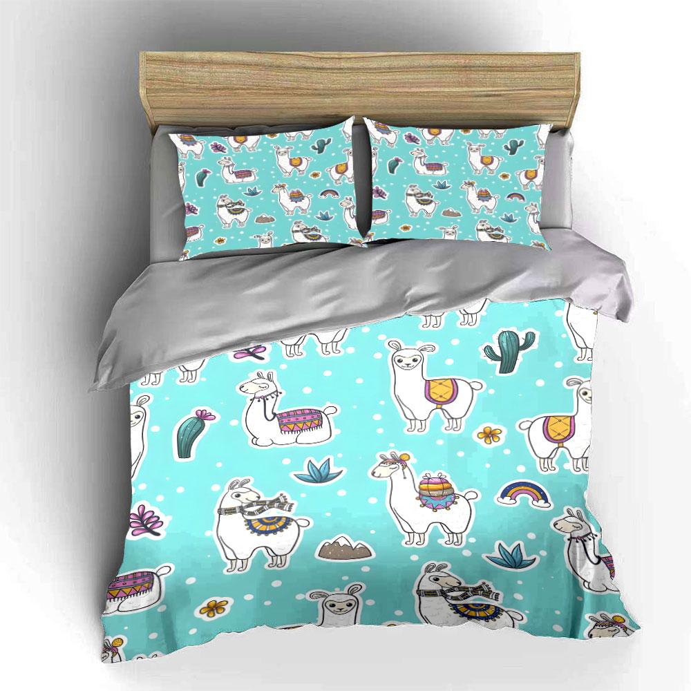 Cute Llama Cactus Rainbow Print Bedding Duvet Cover Set (1*Duvet Cover 2*Pillowcases, without duvet insert)