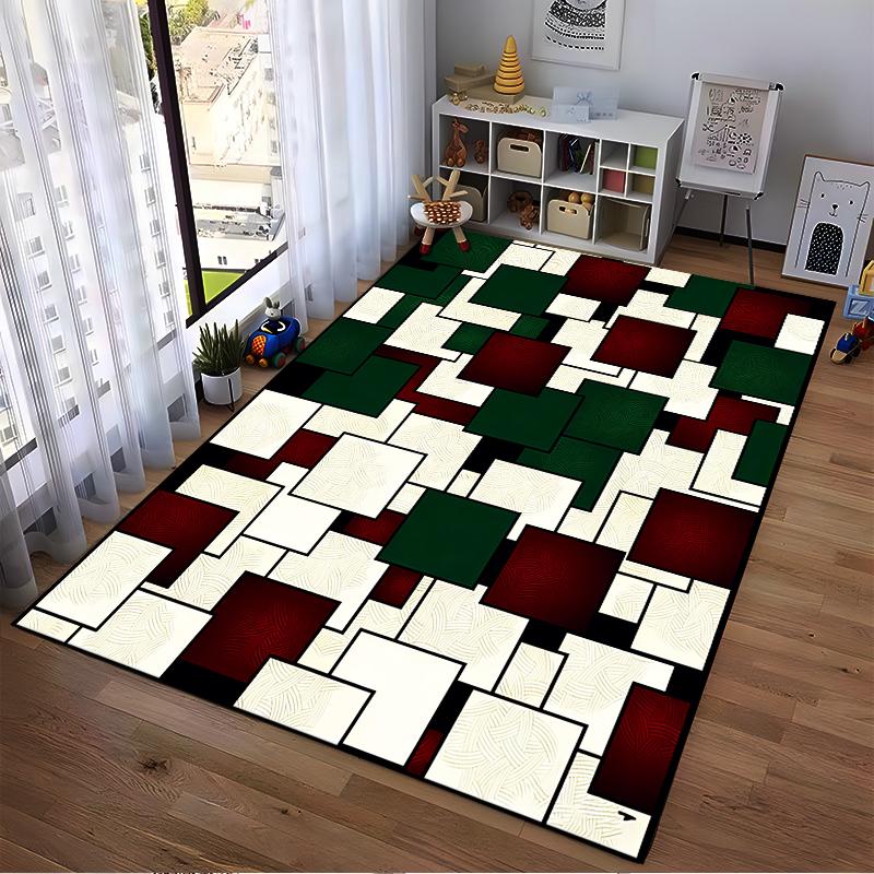 Geometric Carpet with Red, Green, and Beige Square Pattern Design Suitable for use as an anti-slip for living room bedroom sofas