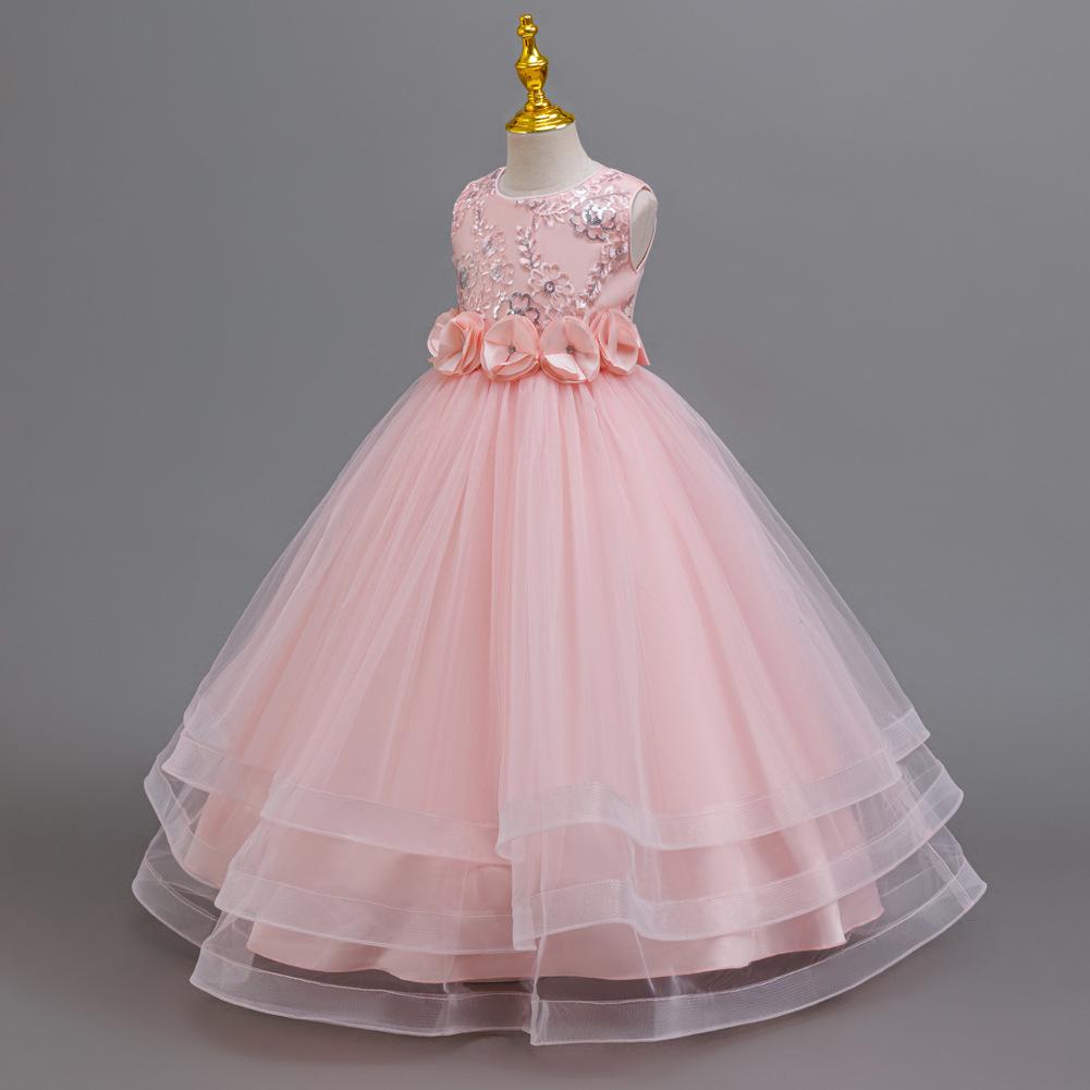 Платье для вечеринки для девочек, юбка, цветочное сетчатое тюлевое платье-пачка, для детей среднего и старшего возраста, длинный рождественский костюм для выступления 632 Детское принцессное
