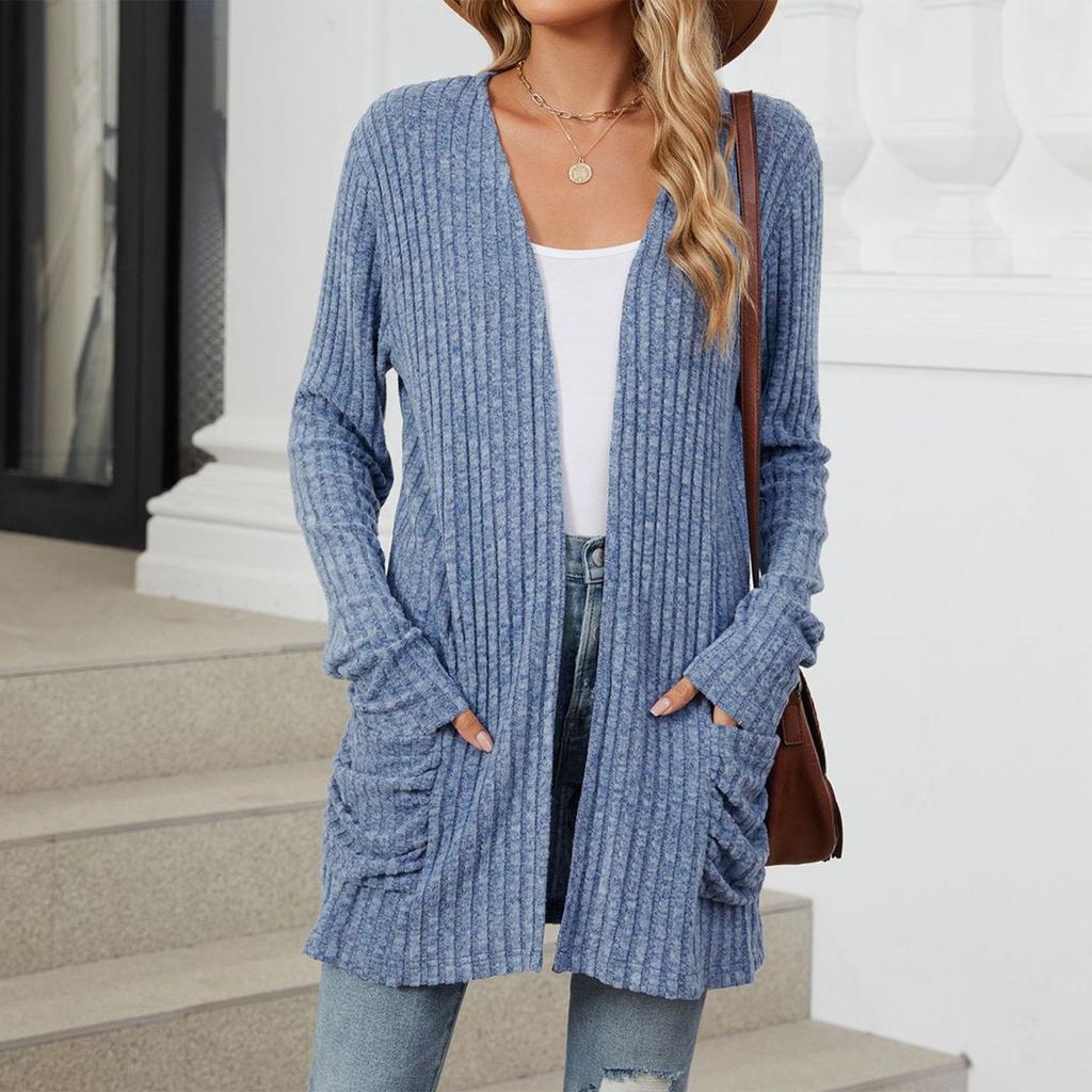 Женская модная повседневная однотонная куртка-кардиган с карманами и длинными рукавами