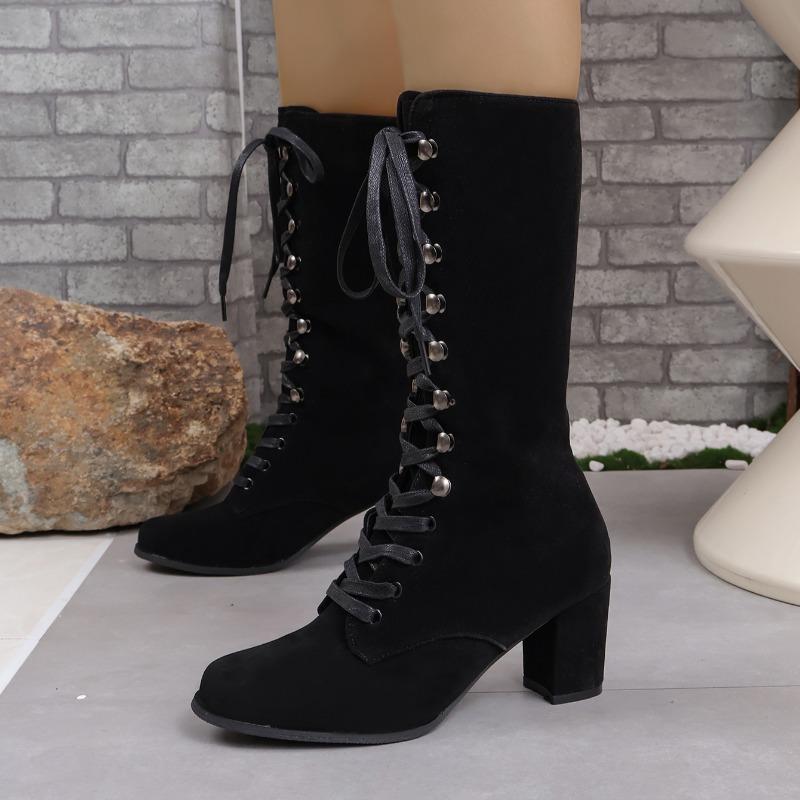 Зимние Новые Туфли на Грубом Каблуке Женские Круглый Носок Замша Передний Перекрестный Ремешок Заклепки Противоскользящие Износостойкие Высокие Сапоги