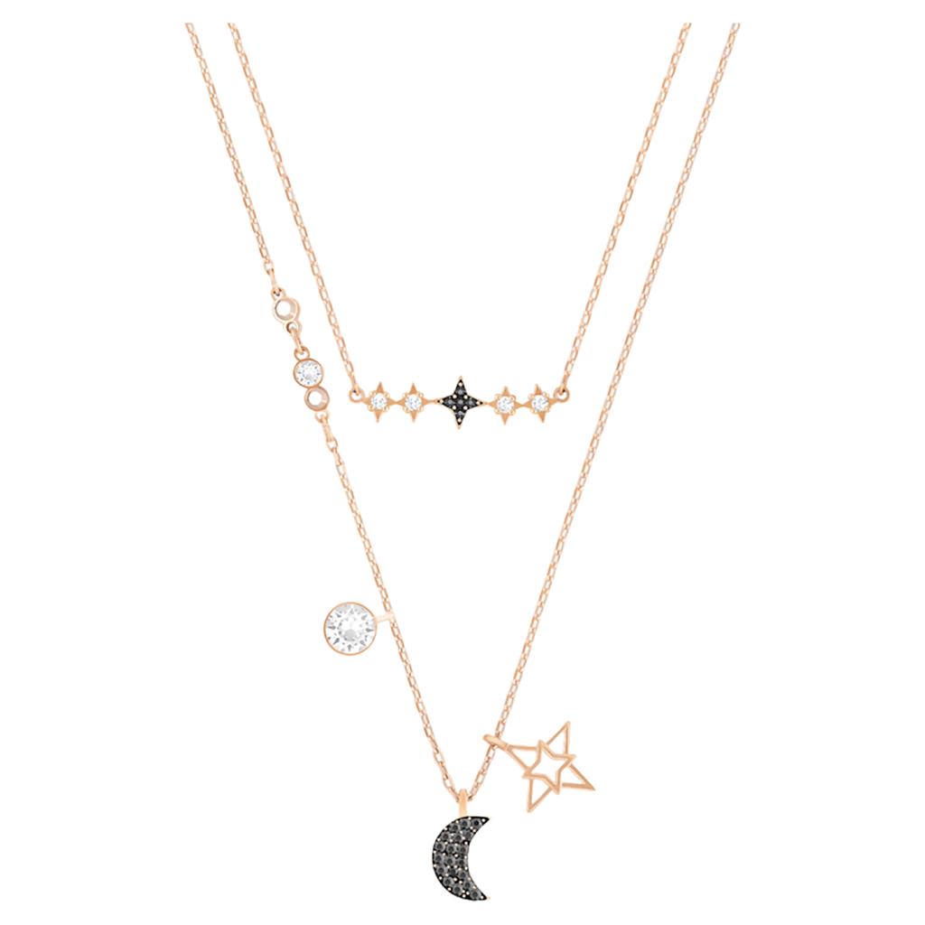 Elegant Layered Star & Moon Pendant Necklace, Silver Rose Gold Plated Sparkling Crystal Ladies Fashion Jewelry Gift