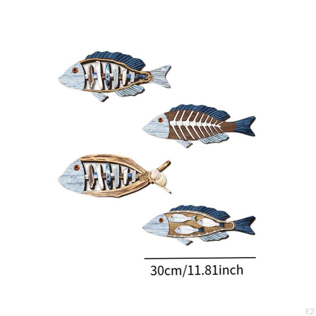 4x Fish Nautical Wall Decor Ornaments Beach Theme Wood Decoration Mediterranean for Living Room