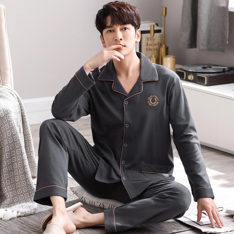 Мужские весенние и осенние хлопковые тонкие пижамы с длинными рукавами плюс хлопковый домашний костюм для полных размеров