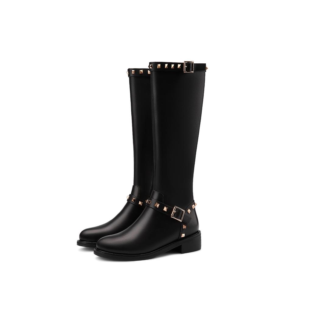 Krazing Pot Натуральная коровья кожа осенне-зимняя обувь на толстом среднем каблуке большого размера 45 размера 44 кожаные металлические заклепки женские теплые сапоги до колена