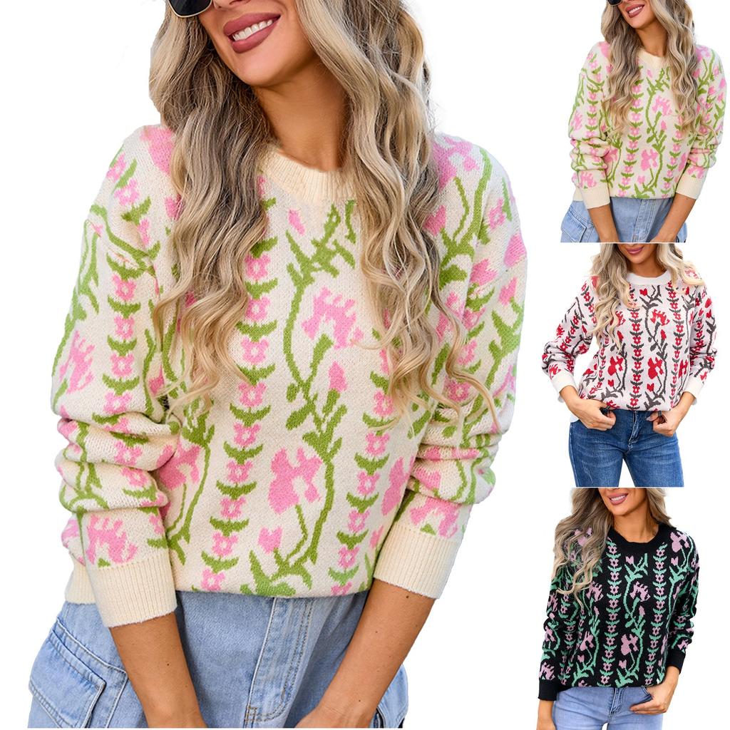 Women's Casual Fashion Comfortable Round Neck Pullover Contrast Color Flower Long Sleeve Street Trend Knitted Sweater