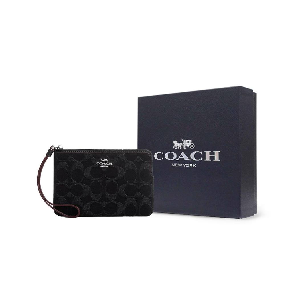 Coach Угловая молния 15 Металлический логотип Застежка-молния Фирменный деним и гладкая кожа Мини-клатч Женский клатч Серебристый Черный CP440-SVBK