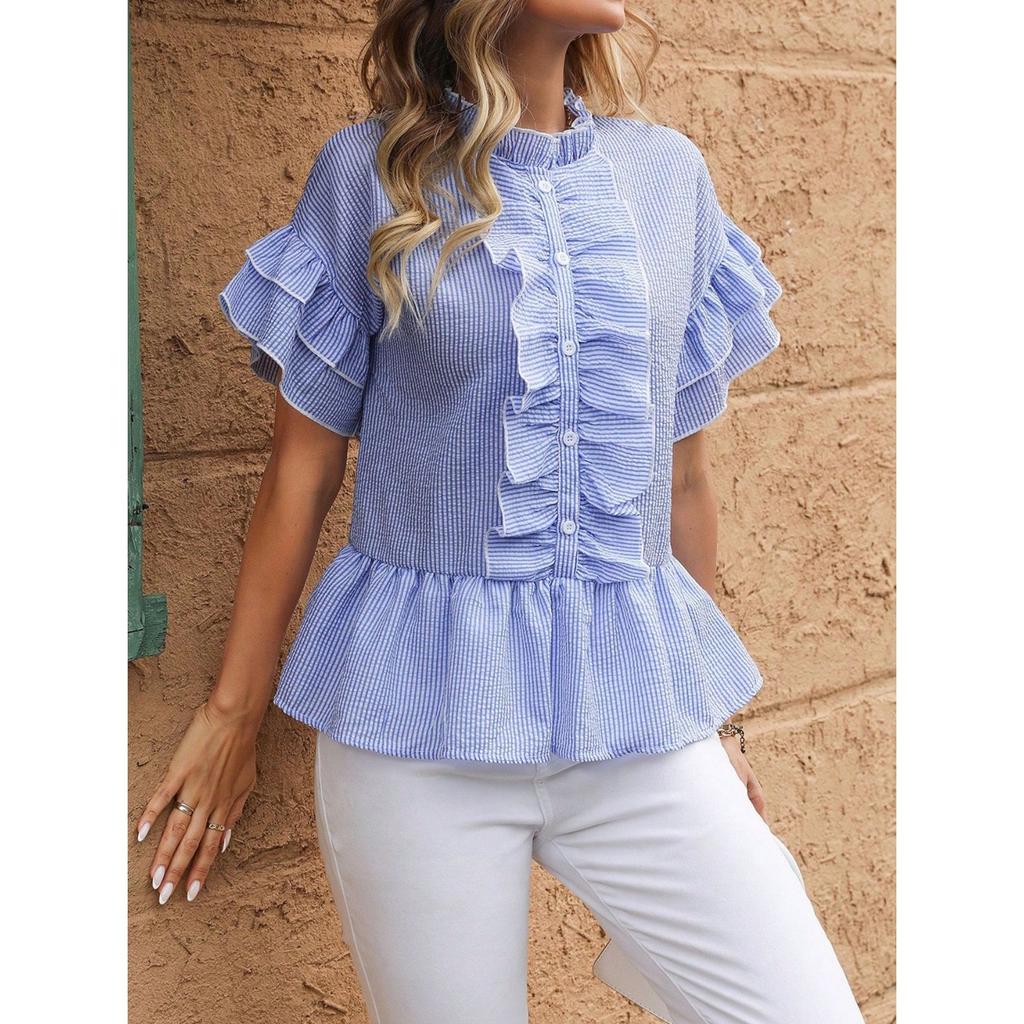 Summer women's buttoned lace skirt short-sleeve casual ruffled blue shirt
