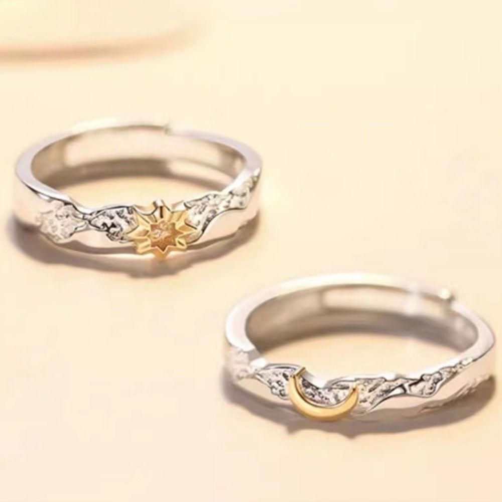 Sparkling Sun Moon Couple Finger Ring Stackable Matching Rings Adjustable Open Rings  Couple