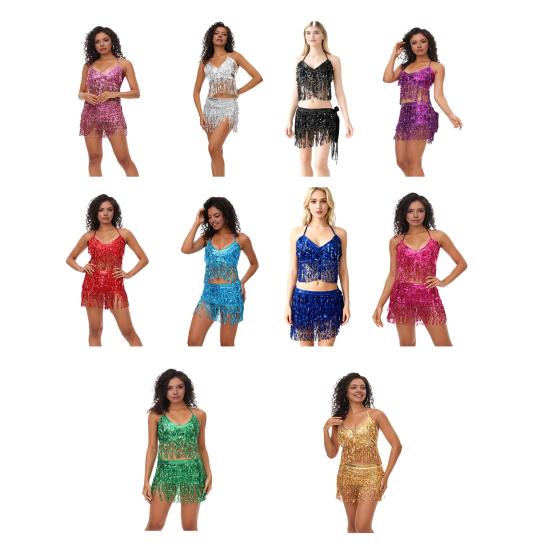Костюм танцовщицы живота Топ-бра с пайетками и кисточками с бахромой и поясным платком Комплект Сверкающий костюм для рейв-вечеринки для женщин и девушек