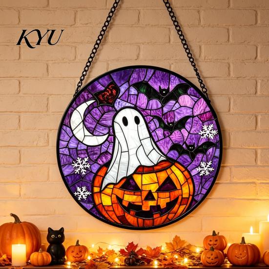 Old School Horror Room Decor Retro Halloween Pendant, Ghost/Bat/Spider Web/Pumpkin Head Print, Door Handle Welcome Sign Vintage Acrylic Hanging