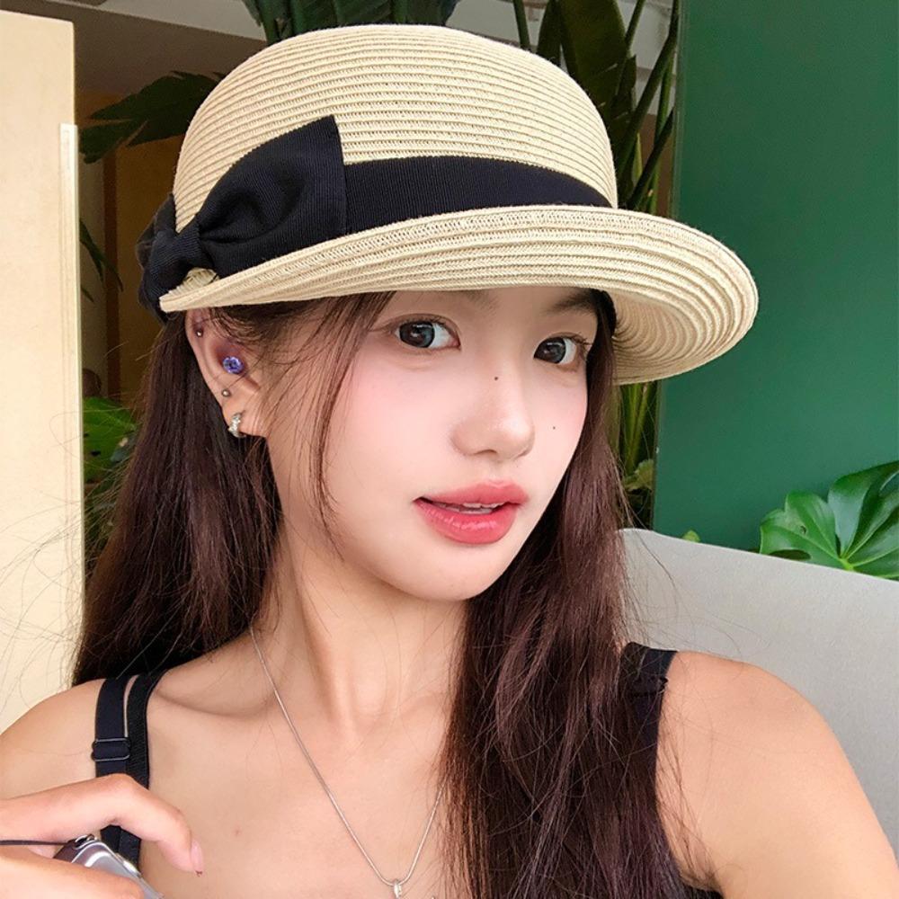French Bow Straw Cap Summer Equestrian Hat Retro Woven Straw Cap Ladies/Girls