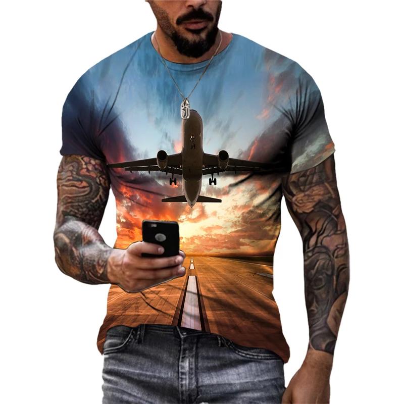 Men Summer Trend Casual Fun Round Neck Short Sleeve Fashion New 3D Printed Airplane Graphic T Shirts for Streetwear Tees Tops