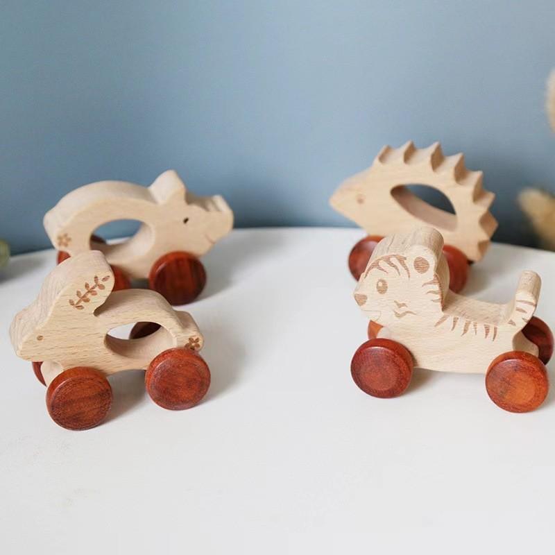 Baby Appease Cartoon Animal Car Inertia Pull Back Car Simulation Wooden Car Model Sliding Toy