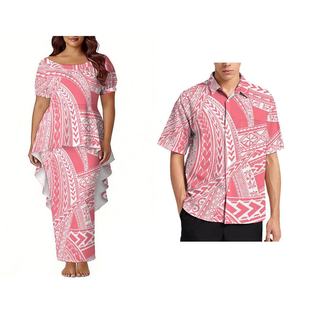 Custom Polynesian Bubble Short Sleeve Long Dress Lady Puletasi Dress Match Plus Size Men Stiff Neck Shirt Sets off Couples 2pcs