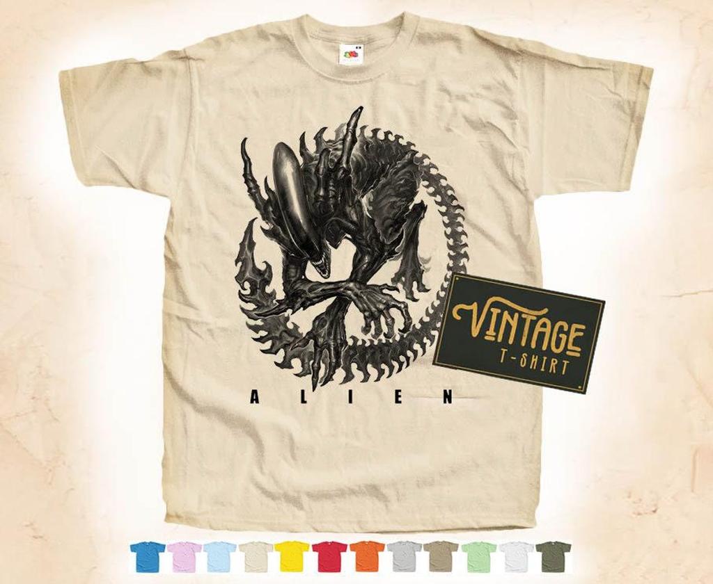 BLACK Print: Alien V2 T-Shirt Tee Natural VINTAGE Cotton Movie Poster Beige 12 colors All Sizes S M L XL 2X 3X 4X 5X