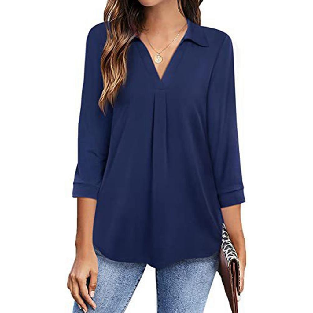 Женская летняя рубашка свободного кроя с V-образным вырезом и рукавом три четверти, однотонная шифоновая рубашка