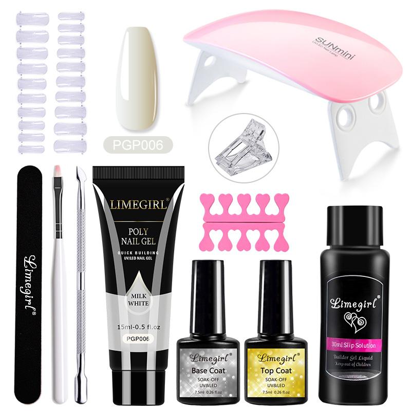 Набор полигелей для ногтей Limegirl Поли УФ-гель Прозрачный/Розовый акрил Быстро наращиваемый наращивание пальцев Набор инструментов для ногтей с отмачиваемым УФ-гелем-лаком